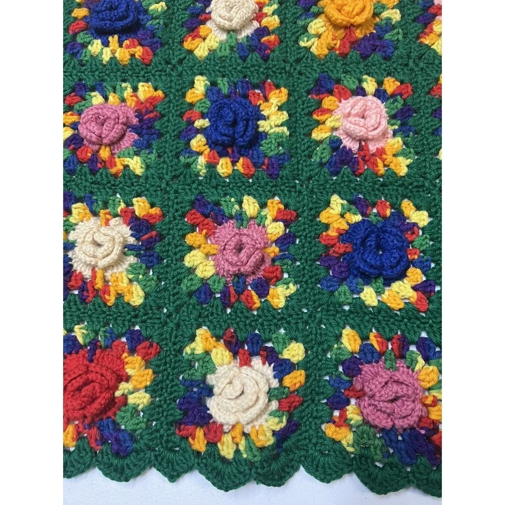 Handmade Granny Square Throw Floral 3D Knit Green Colorful Sofa Blanket Afgan